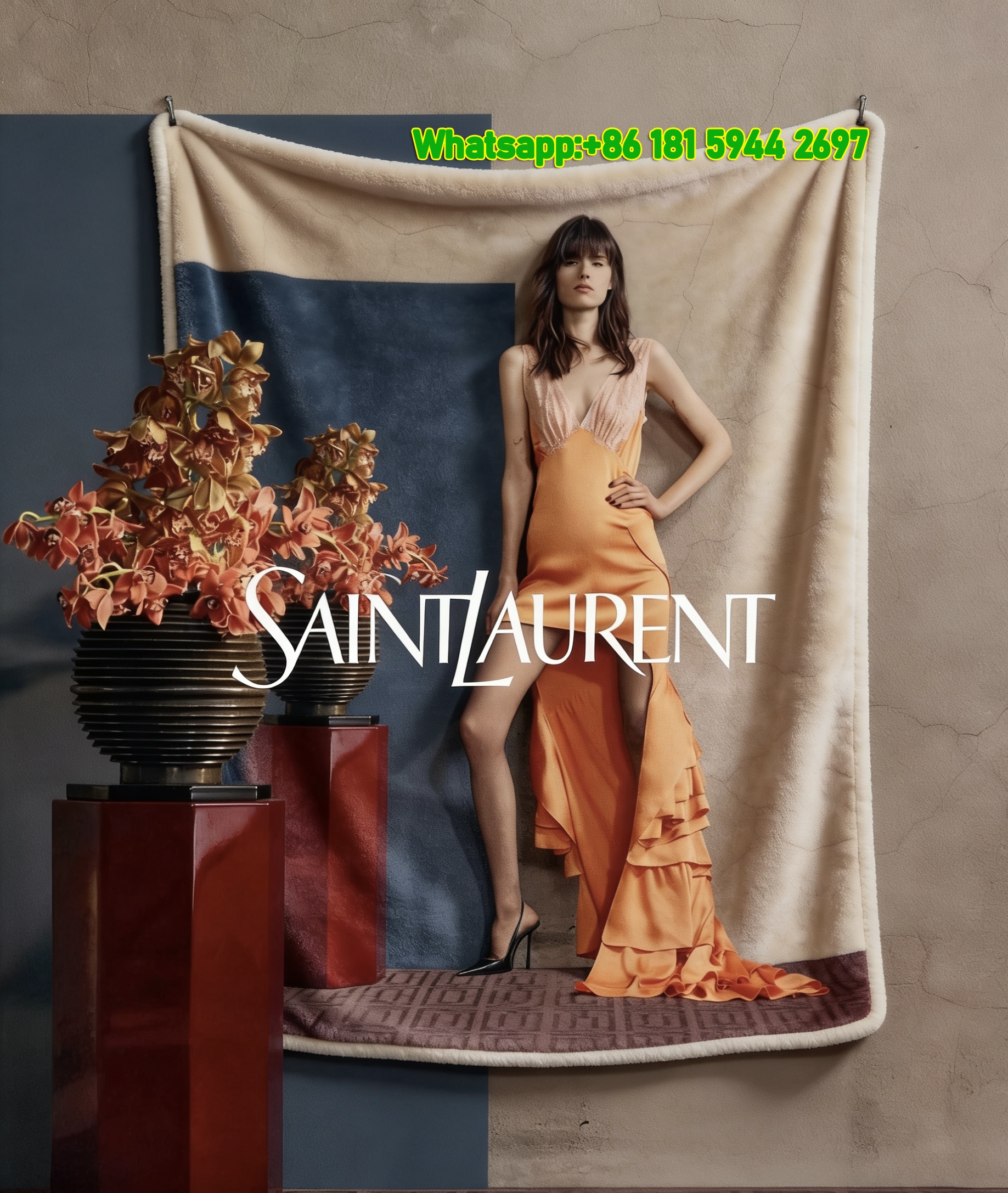 Yves Saint Laurent YSL Luxury Orange Lace Fashion Print Orange Blue Red Flannel Throw Blanket Premium Designer Printed Sofa Cover Blanket IMG_3302